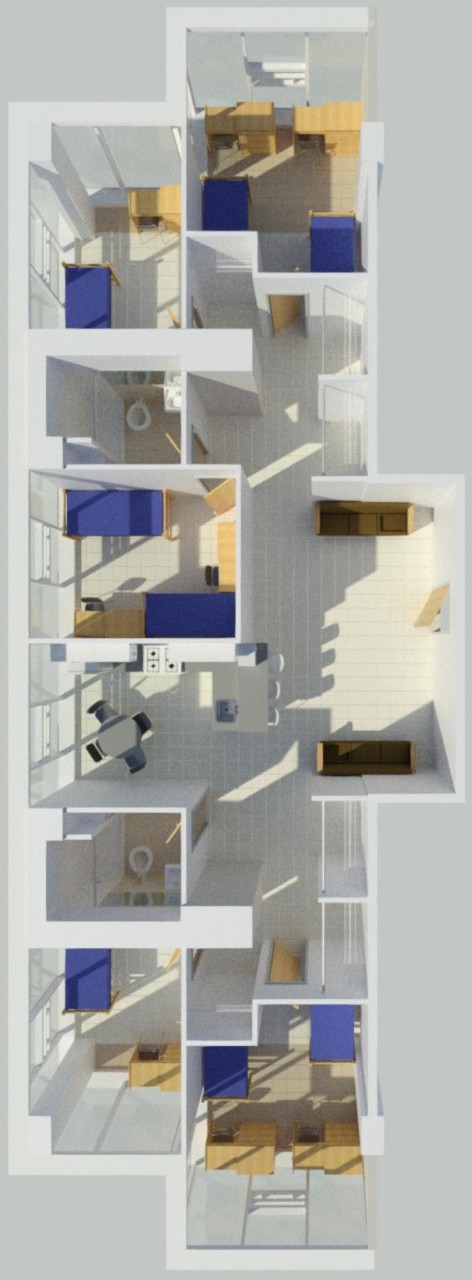 Floor plan of Scioto 8-person room showing 3 bedrooms for 2, each with 2 beds and 2 desks, and 2 single bedrooms with 1 bed and 1 desk, kitchen area with table, common area, 2 full bathrooms and closets