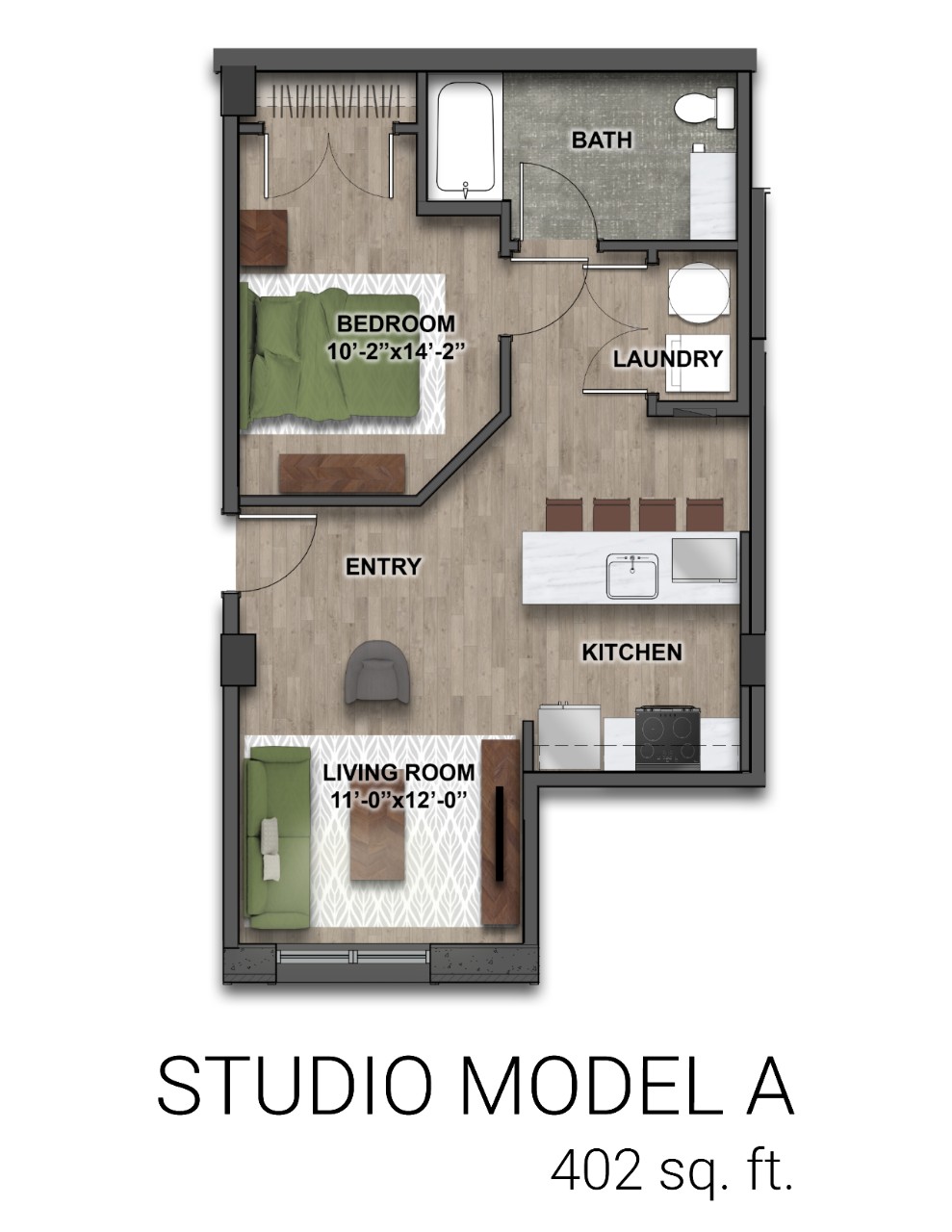 Floor plan of Eden Studio model A with 402 sq ft, including a bathroom, laundry area, bedroom, kitchen and living room.
