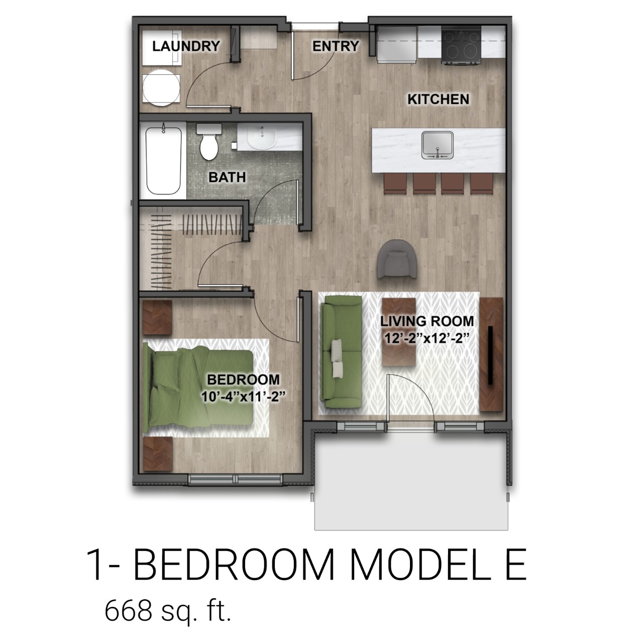 Floor plan of Eden 1-bedroom model E with 668 sq ft, including a bathroom, laundry area, bedroom, kitchen and living room.