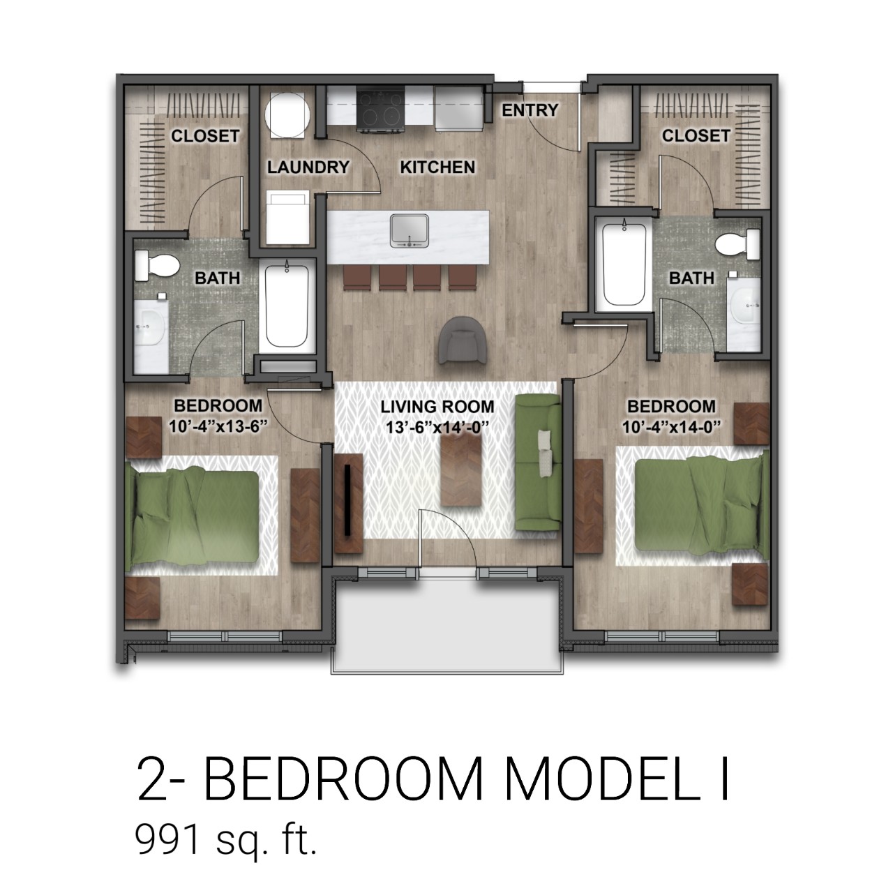 Floor plan of Eden 2-bedroom model I with 991 sq ft, including 2 bathrooms, laundry area, 2 bedrooms, kitchen and living room.