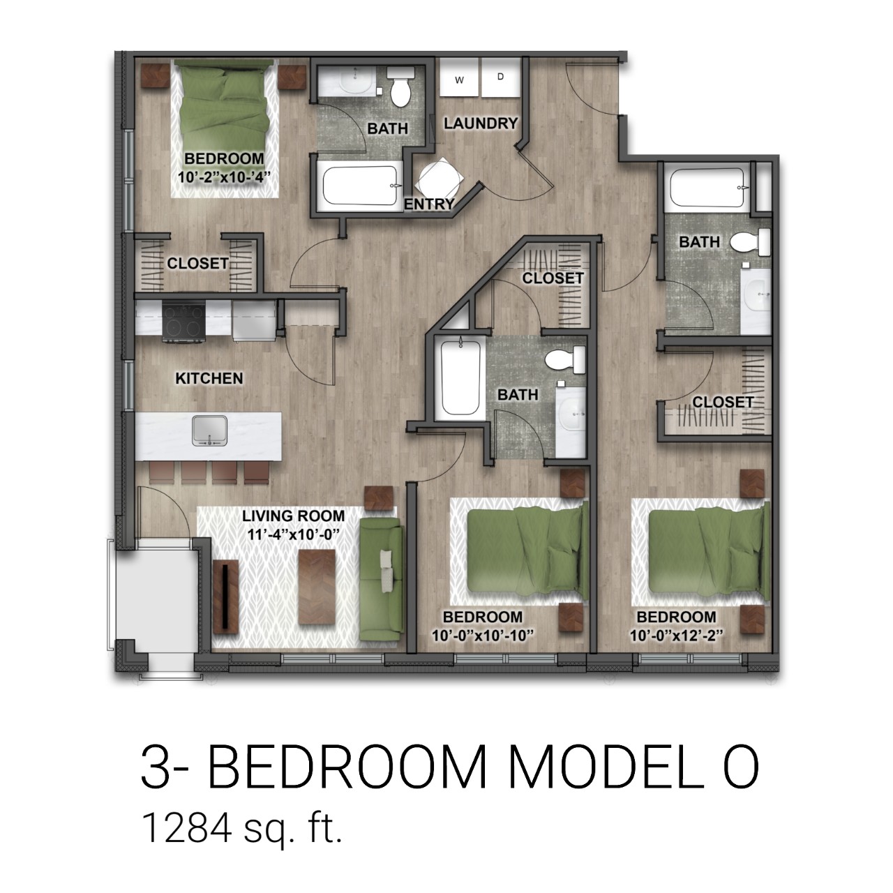 Floor plan of Eden 3-bedroom model O with 1284 sq ft, including 3 bathrooms, laundry area, 3 bedrooms, kitchen and living room.