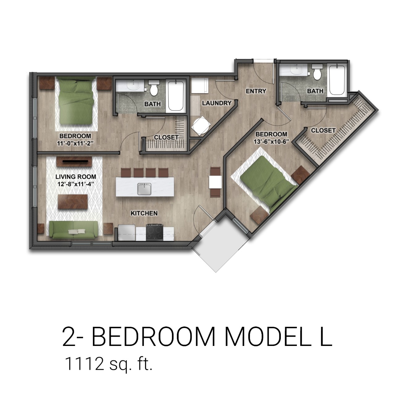 Floor plan of Eden 2-bedroom model L with 1112 sq ft, including 2 bathrooms, laundry area, 2 bedrooms, kitchen and living room.