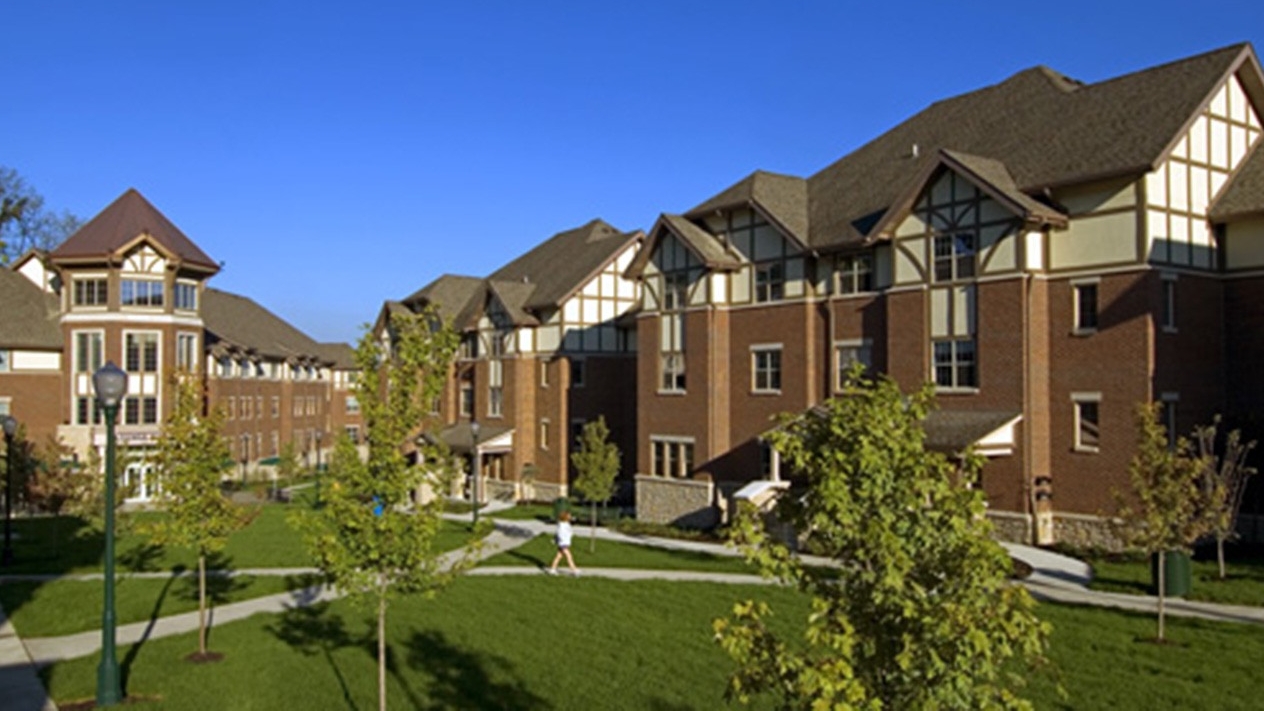 Exterior of Tudor-style buildings in the Stratford Heights complex.
