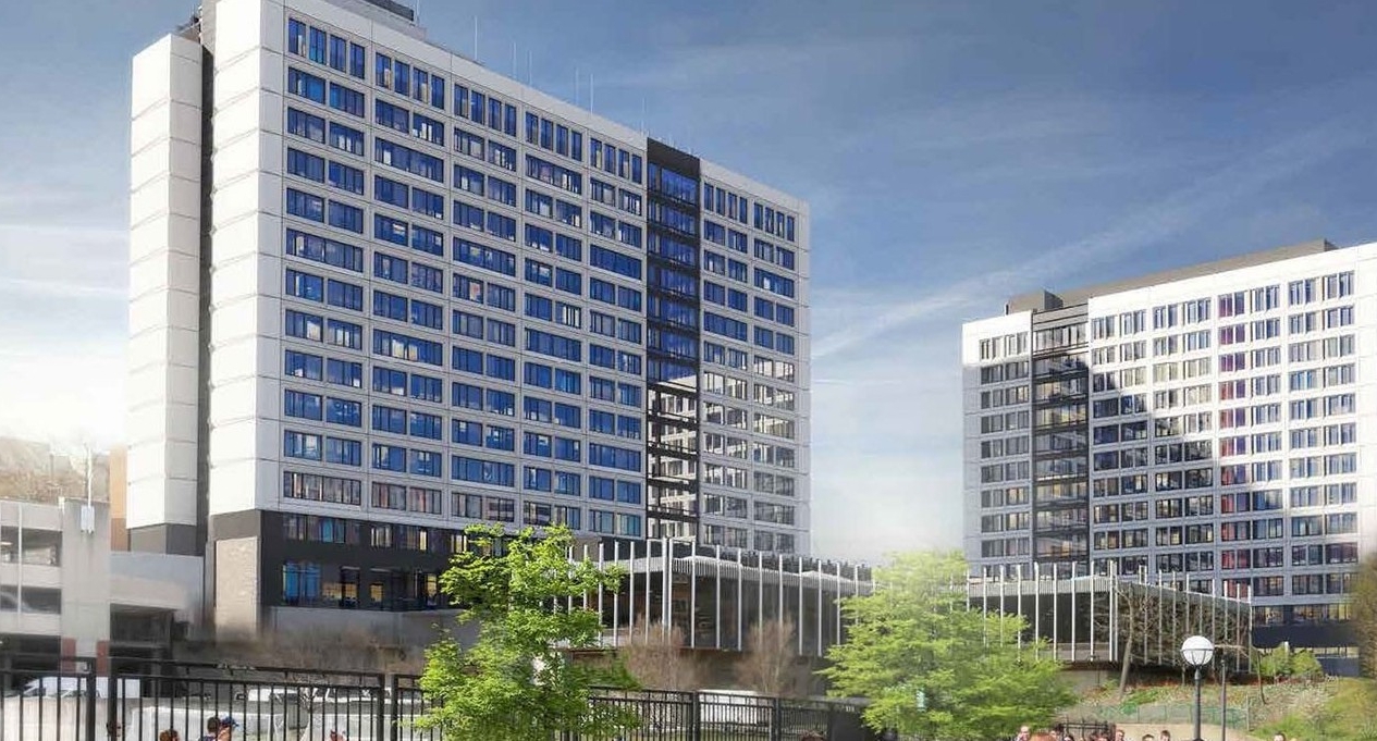 Exterior view of hi-rise Calhoun Hall renovation looking south from Corry Blvd